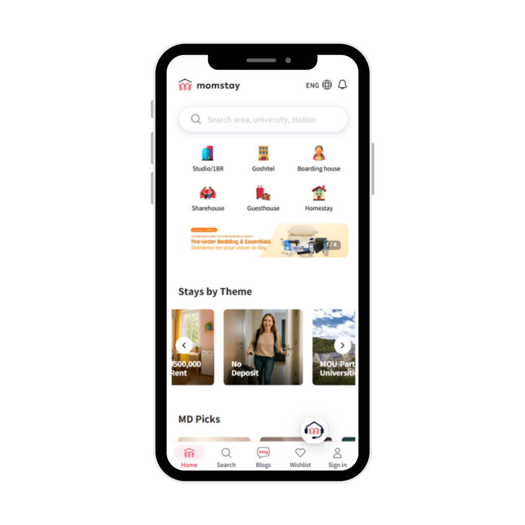 Momstay accommodation search screen