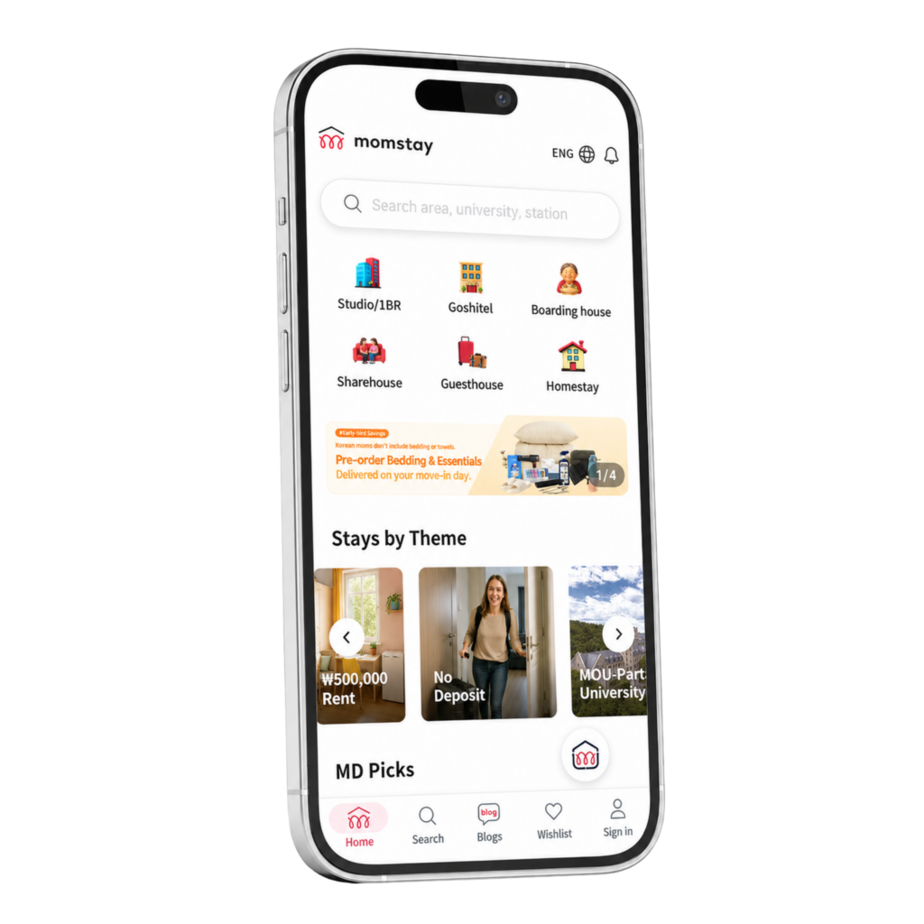 Momstay room listings and booking screen